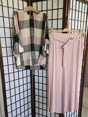 Pink Plaid Top and Blush Pink Wide-Leg Pants Set